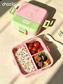 choxila 1pc Cute Bow Print Double Layer Lunch Box, Sweet Dream Color Block Leak-Proof Bento Box, Suitable For Students, Office, Picnic Use - Lunch Box - View 1