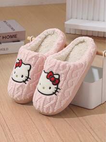 Sandal Musim Dingin Wanita SANRIO KT Cat Putih, Sandal Rumah Berbahan Plush dengan Pita Kartun dan Sol Datar - Berwarna merah muda - View 7
