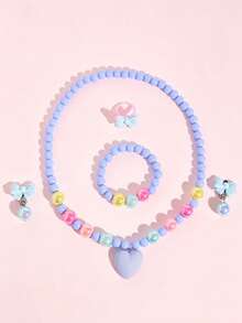 5pcs/Set Girls Princess Heart Bow Beaded Necklace, Bracelet, Ring And Earring Jewelry Set, Suitable For Party, Gathering, Daily Wear - Multicolor - View 4
