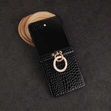 CHOKBODY High-Gloss Luxurious Crocodile Embossed Faux Leather Folding Phone Case With Hinge Protection Strap, 1pc Fashionable Faux Diamond Ring Holder & Pendant, Compatible With Samsung Galaxy Z Flip 8/7/7FE/6/5/4 5G Foldable Phone Protective Cover - Black - View 16