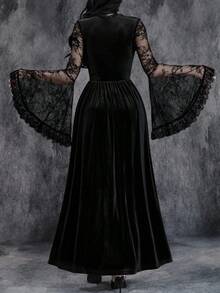 Women's Gothic Sexy Halloween Ghost Bride Cosplay Witch High Slit Lace Patchwork Velvet Stretch Dress - Black - View 3