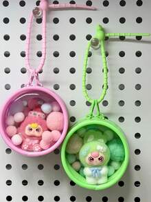 1 Set Dopamine Flocked Rabbit Flocked Doll With Round Transparent Bag Charm, Fur Ball Silicone Lanyard Bag Pendant, Birthday Gift, Party Favor - Multicolor - View 3