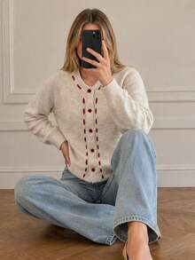 Cute & Soft Round Neck Knit Cardigan For Women, Design-Focused Outerwear Loose Sweater, Spring 2025/2024 New Arrival - Apricot - View 5
