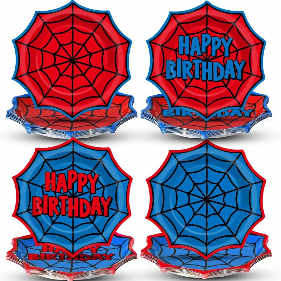 10/20/40pcs Red & Blue Spider Web Wavy Edge Disposable Paper Plates, 4 Designs, 7 Inch Octagonal Spider Web Design Plates, Spider Web Theme Birthday Party Tableware, Fan Hero Theme Party Supplies - View 1