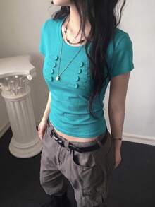 Korean Style Embroidered Napoleon Button Square Shoulder Short Sleeve T-Shirt, Casual Summer Style - Mint Blue - View 2