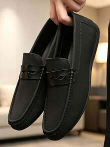 Plus Size Men's Leather Loafers, Luxury Brand Men's Business Casual Shoes, Breathable Original Versatile Driving Shoes - Black - View 4