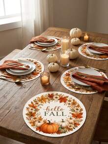 "Hello Fall" Pumpkin & Floral Wreath Round Placemat, Orange Maple Leaf & Daisy Pattern, Rustic Farmhouse Style Printed Table Mat, Suitable For Kitchen Dining Table, Thanksgiving Harvest Gathering And Autumn Home Decor - Multicolor - View 6