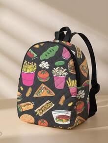 1pc Fries And Hamburgers Pattern Diamond Quilted Kids Backpack, Lightweight Large‑Capacity Zipper Closure Children Rucksack For School Travel Outdoor - Multicolor - View 2