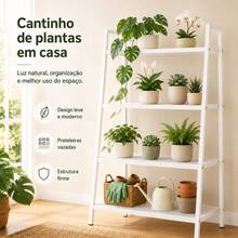 Estante para Plantas em Formato de Escada Quatro Níveis Cor Branco Cremoso, Aço Carbono Reforçado com Pintura Anti-ferrugem, Dimensões 60*35*150cm, Base Ampla Antiderramamento para Varandas e Jardins - EstantePlantas-4AndaresEscada-Branco - Visão 9