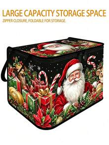 Santa Claus Storage Box With Lid, Large Capacity Foldable Fabric Organizer Bin, Zipper And Handle, Black Holiday Print Storage Box, Suitable For Christmas Decoration, Blankets, Clothes, Closet And Bedroom - Multicolor - View 4