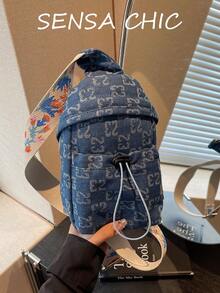 All-Over Print Repeated Letter Design Waist Bag Chest Bag Adjustable Contrast Color Wide Strap Front Back Multi-Way Carry Drawstring Design Zipper Closure Outdoor Sports Jogging Cycling Commuting School Work Travel Outdoor Outing Personal Storage - Blue - View 1