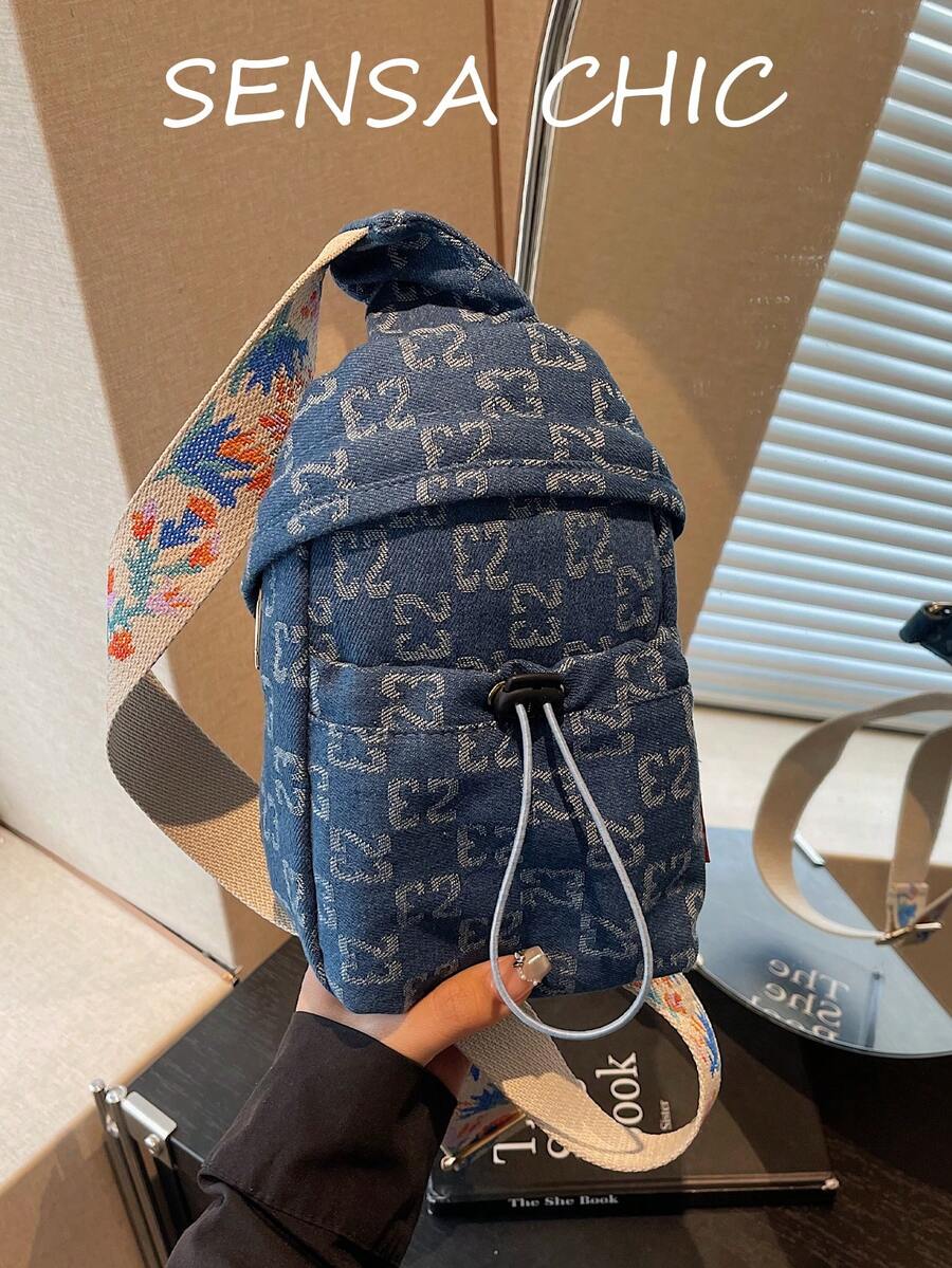 All-Over Print Repeated Letter Design Waist Bag Chest Bag Adjustable Contrast Color Wide Strap Front Back Multi-Way Carry Drawstring Design Zipper Closure Outdoor Sports Jogging Cycling Commuting School Work Travel Outdoor Outing Personal Storage - Blue - View 1