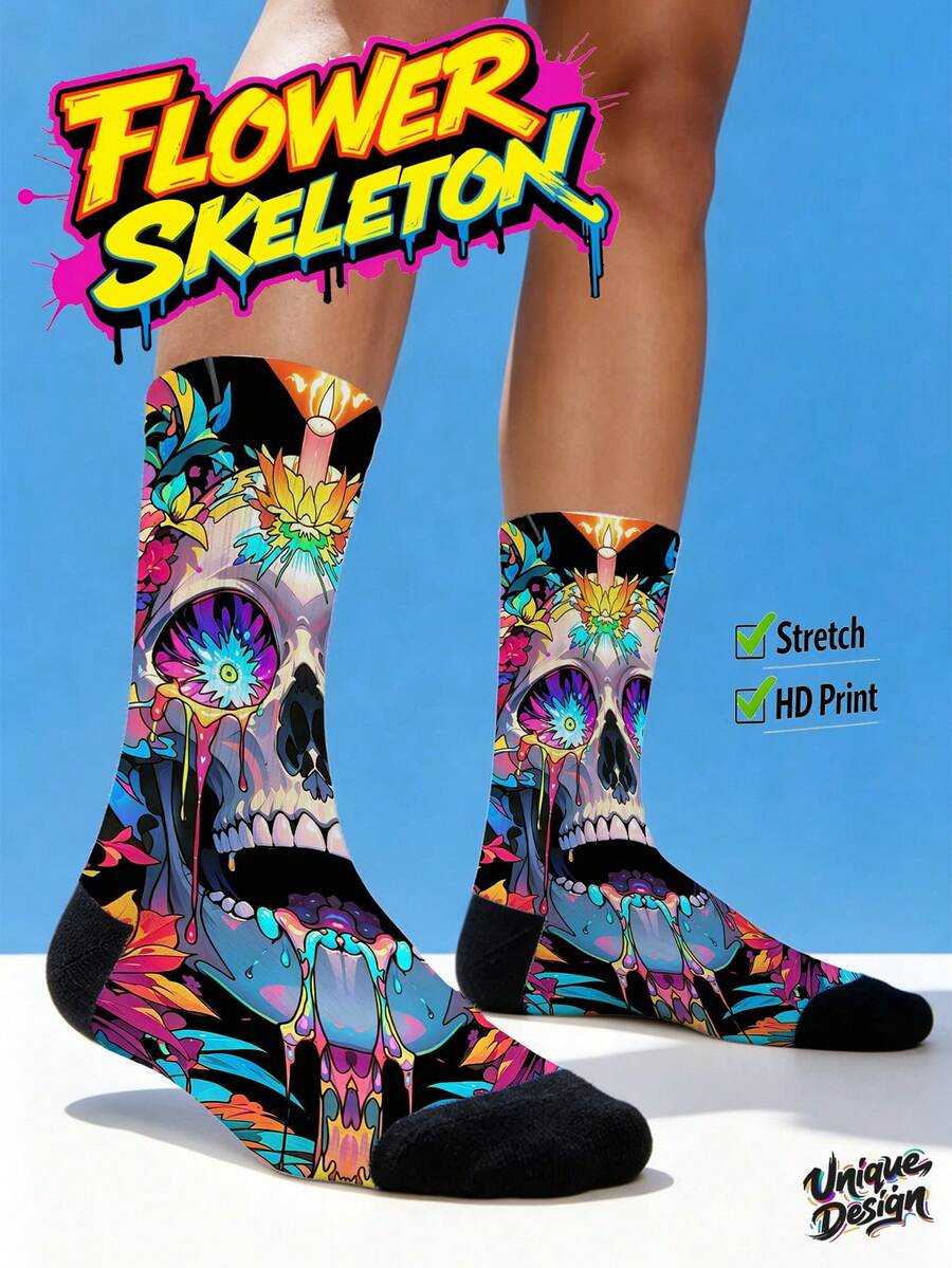 Cool 360° Printed Men's Socks - Streetwear Socks,Colorful Flower Skull,Undead Art Style,Colorful,Funny Socks, Fit Daily, Holiday & Party Occasions - Multicolor - View 1