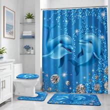 1/4pcs Blue Dolphin & Rhinestone Theme Bathroom Set, Includes Shower Curtain, Bath Mat, U-Shape Toilet Lid Cover, Waterproof, Fashionable Modern Bathroom Decor, No Drilling Required, Machine Washable Polyester Back To School - Multicolor - View 1