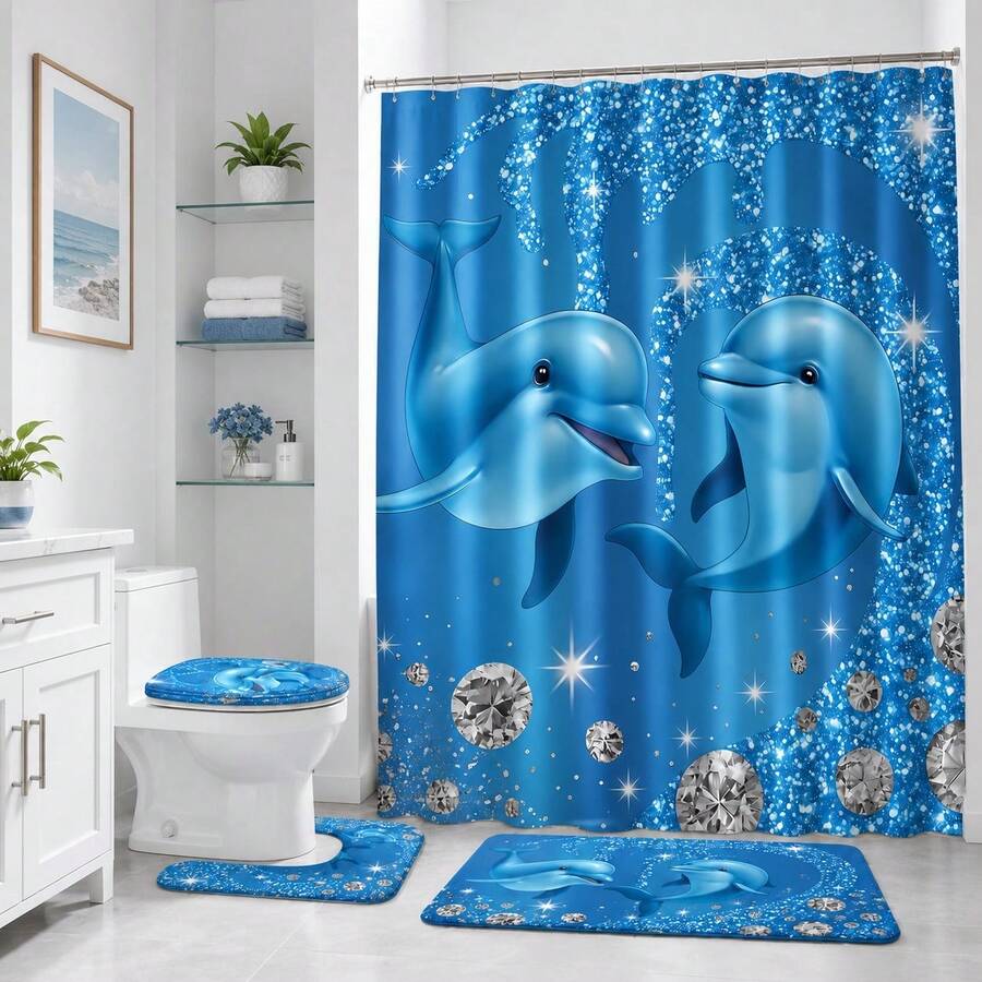 1/4pcs Blue Dolphin & Rhinestone Theme Bathroom Set, Includes Shower Curtain, Bath Mat, U-Shape Toilet Lid Cover, Waterproof, Fashionable Modern Bathroom Decor, No Drilling Required, Machine Washable Polyester Back To School - Multicolor - View 1