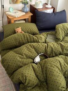 4-Piece Olive Green & Navy Blue Polka Dot Print Bedding Set, Contrast Pillowcase Design, Soft & Comfortable All-Season Bedding Set Including 1 Duvet Cover, 1 Bed Sheet, 2 Pillowcases, No Filling, Suitable For Dorm, Bedroom, Home Use, Multiple Size Options - Olive Green - View 9