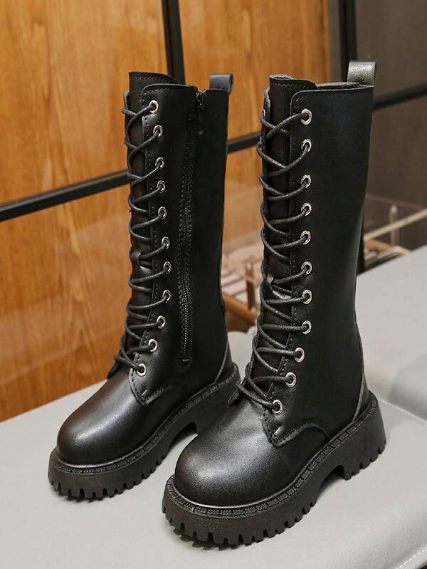 Black Girls High Knee High Combat Boots Round Toe Lace Up Side Zipper Thick Sole Faux Leather Tall Boots For Daily Street Autumn Winter Dress Boots