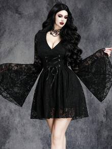 Women's Gothic Sexy Dark Halloween Party Romantic Glamorous Layered Witch Sleeve Cosplay Metal Rope Waist Elastic Dress - Black - View 6