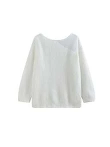 White Design Long Sleeve Sweater Women Winter Slouchy Base Layer Top - White - View 3