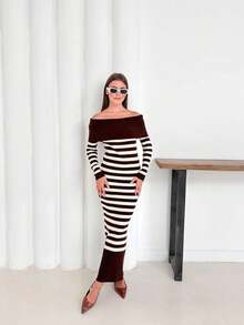 Women's Stylish Striped Bardot Dress - Brown - View 1