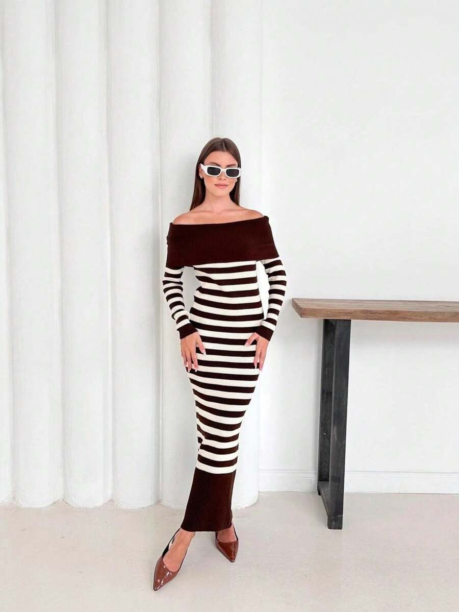 Women's Stylish Striped Bardot Dress - Brown - View 1