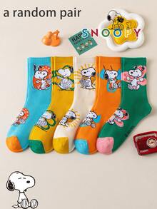 SNOOPY 1/5/10雙 Snoop Sock 女款中筒襪，多巴胺配色拼色可愛百搭休閒透氣趣味禮物襪 - 彩色 - 查看 10