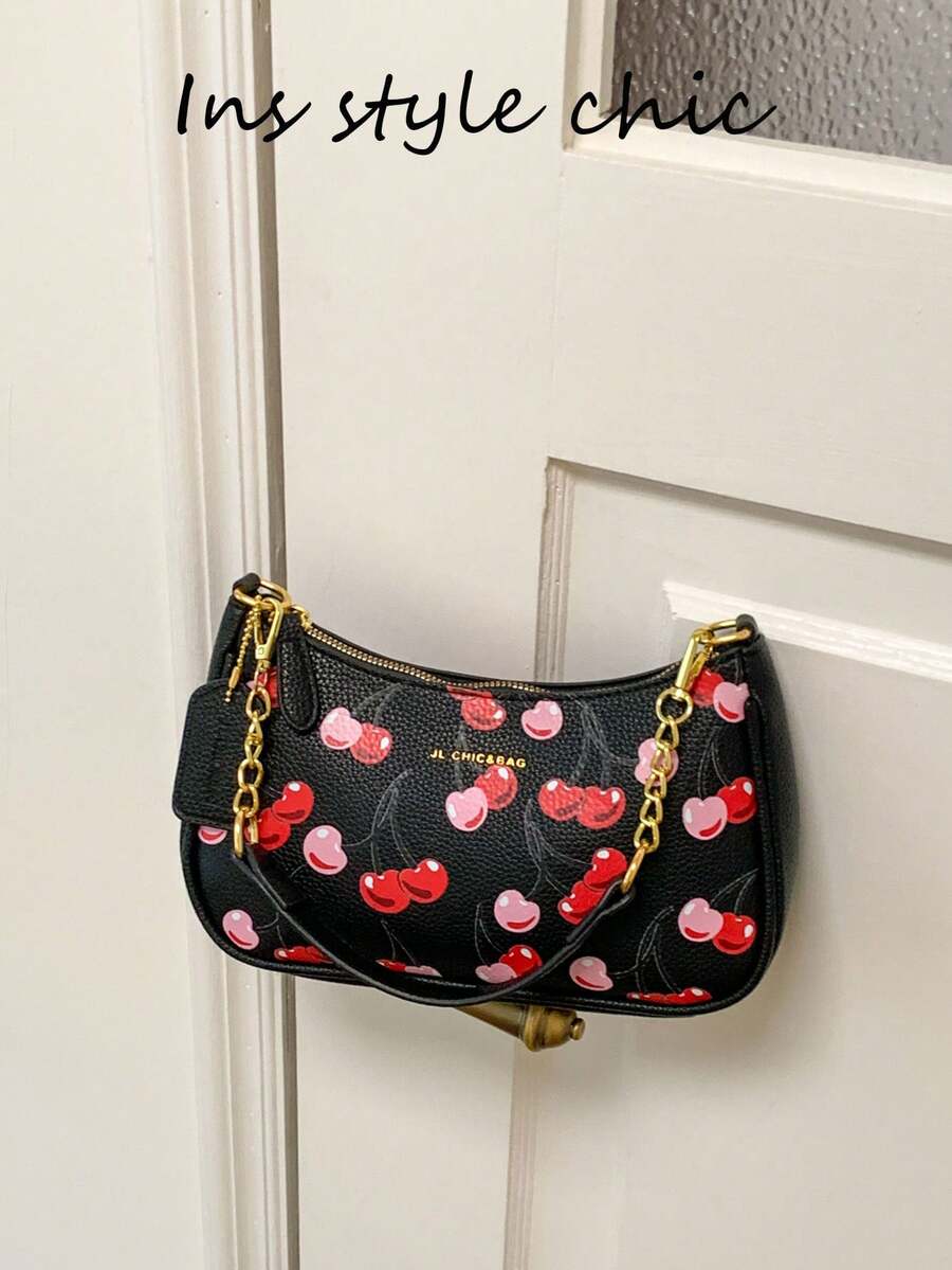 Fun Print Pattern With Metal Chain Spliced Shoulder Strap Crescent Shape Underarm Bag Personalized Fun Style Shoulder Bag Women's Outing Party Date Portable Small Bag Vibrant Atmosphere Matching Shoulder Bag - Black - View 1