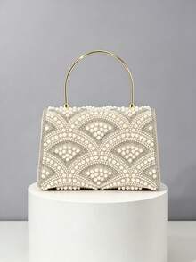 1pc Beige Heavy Embellished Pearl & Rhinestone Handheld Evening Bag, Fan-Shaped Beaded Pattern, Metal Ring Handle, Flap Design, Bridal Dress Bag, Wedding Banquet Party, Can Be Paired With Chain Crossbody - Beige - View 7