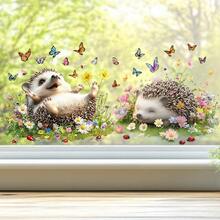 2D Flat Sticker, Hedgehog Paradise Butterfly Flower Pattern Decorative Window Decal, Easy To Remove, Convenient Installation, Suitable For Living Room Window Double-Sided Printing Use Scenario - Multicolor - View 7