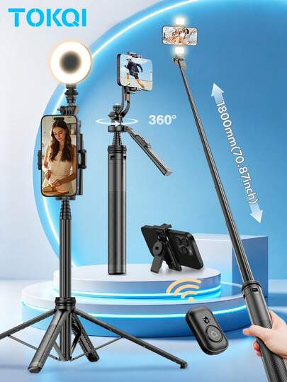 TOKQI Tripod Tongkat Selfie Paduan Aluminium 180cm/70.87In, Dudukan Ponsel Putar dengan Remote Bluetooth, Dudukan Ponsel Multifungsi yang Dapat Diperpanjang, dengan Lampu Pengisi Opsional, Tripod untuk Smartphone iOS dan Android untuk Liburan Musim Panas, Perjalanan, Aktivitas Luar Ruangan, dan Siaran Langsung.