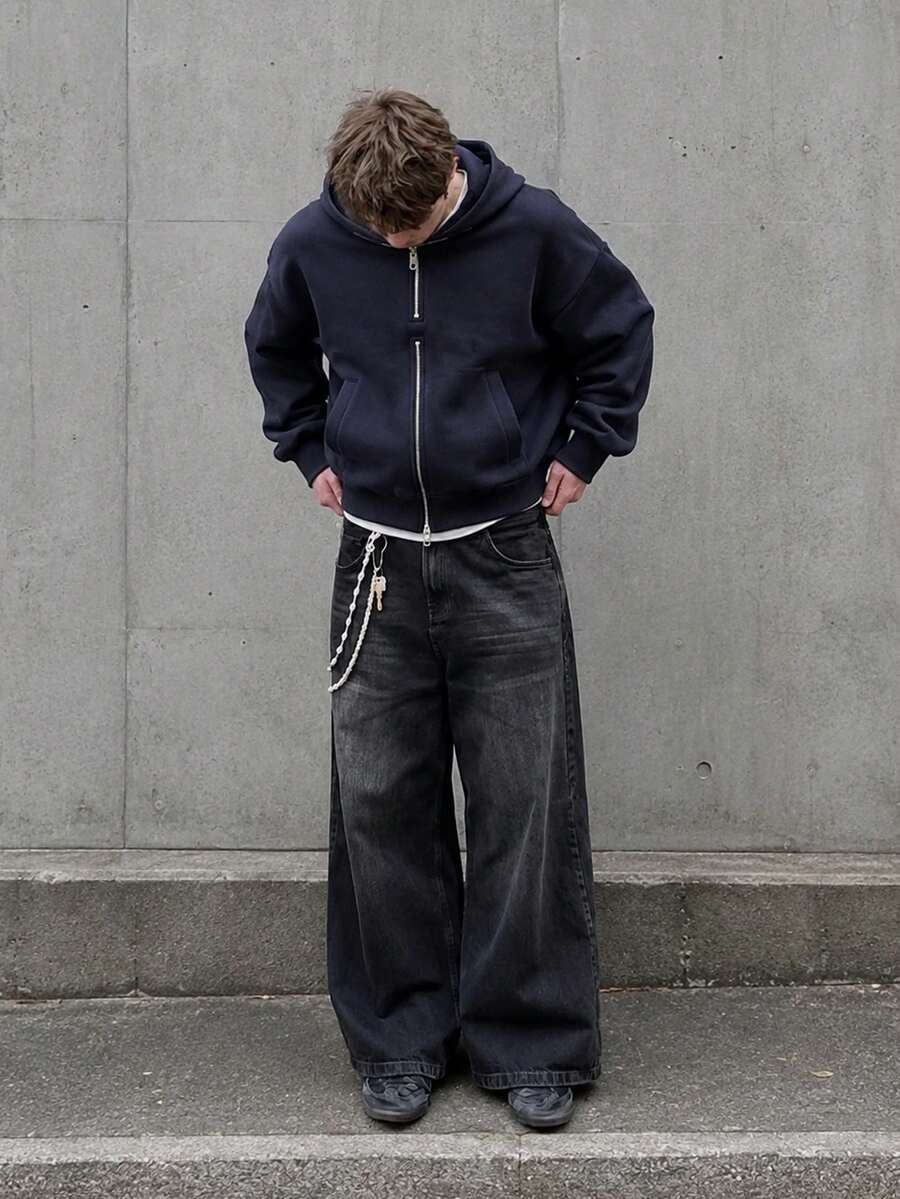 INFLATION 男士新款抓絨雙拉鍊連帽衛衣，美式街頭風短版夾克 - 藏蓝色 - 查看 1