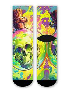 Cool 360° Printed Men's Socks - Streetwear Socks,Colorful Flower Skull,Undead Art Style,Colorful,Funny Socks, Fit Daily, Holiday & Party Occasions - Green - View 5