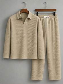 Men's Plus Size Polo Set, Autumn Solid Color Textured Fabric Casual 2-Piece Outfit - Khaki - View 2