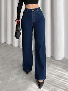 Women's Elegant High-Waist Washed Straight-Leg Jeans - Dark Wash - View 5