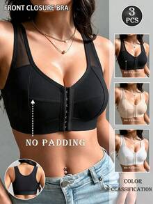 3pcs/Set Women's Comfortable Mesh Patchwork Knit Fabric Front Closure Bra, Wire-Free Elegant Sporty Style, Wearable As Outerwear - Multicolor - View 2