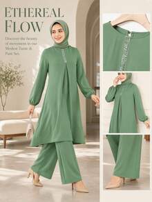 Women's Casual Style Solid Color Round Neck Blouse Top Paired With Loose Pants, Dignified And Appropriate 2-Piece Set Spring Fall - Green - View 4