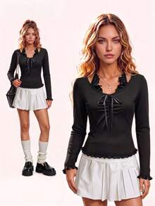 ENGU CO. Back To School Season Spring/Autumn Fashion 2 In 1 Slim Fit Pullover Inner Layer Tie-Up Wavy Hem Design Women's Top - Black - View 1