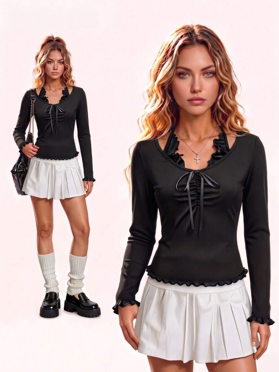 ENGU CO. Back To School Season Spring/Autumn Fashion 2 In 1 Slim Fit Pullover Inner Layer Tie-Up Wavy Hem Design Women's Top - Black - View 1