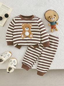 Unisex Baby 2 Pieces Outfit Set, Autumn/Winter Waffle Knit Striped Matching Set, Cartoon Teddy Bear Embroidered Long Sleeve Top & Elastic Waist Long Pants, Comfortable - Brown - View 1
