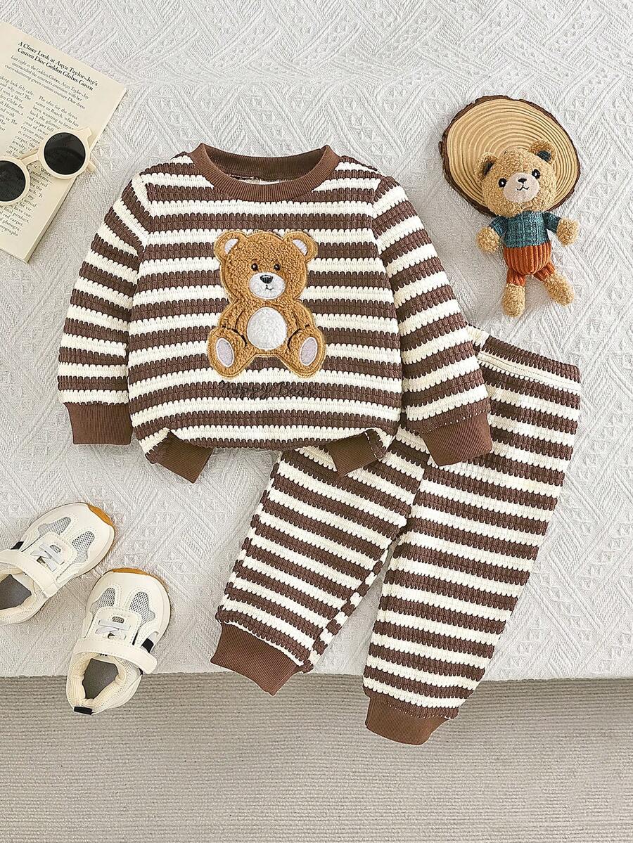 Unisex Baby 2 Pieces Outfit Set, Autumn/Winter Waffle Knit Striped Matching Set, Cartoon Teddy Bear Embroidered Long Sleeve Top & Elastic Waist Long Pants, Comfortable - Brown - View 1