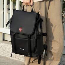 Mesuca 1pc Outdoor Sports Storage Backpack Marvel Deadpool Logo Print Black Waterproof Fabric Flap Design Multi-Compartment Adjustable Shoulder Straps Suitable For Hiking Daily Commute - View 2