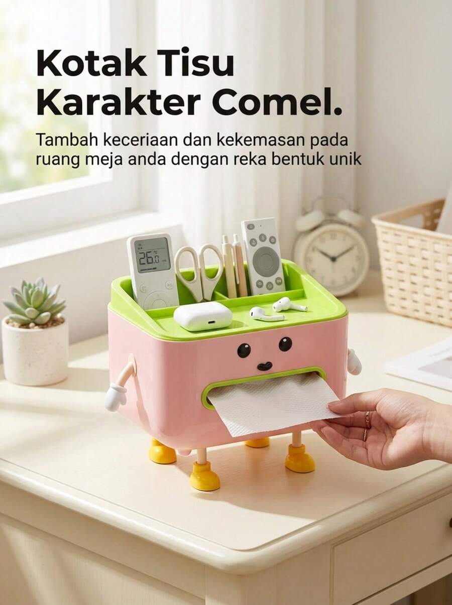 Cute Character Multi-Function Desktop Storage Box With Tissue Box And Phone Holder, Can Store Cosmetics, Remote Controls And Office Supplies, Fun Home And Kitchen Decor, Suitable For Home, School And Hotel, Great Gift Idea - Multicolor - View 1