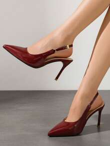 Adjustable Strap Backless High Heel Shoes, Plus Size Wide Fit Pointed Toe Elegant Commute Party Pumps - Burgundy - View 2