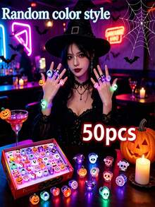 50 Buah Cincin LED Bercahaya Gaya Acak untuk Halloween, Cincin Jari Berkedip untuk Souvenir Pesta atau Hadiah Trick or Treat - Cincin Halloween - View 1