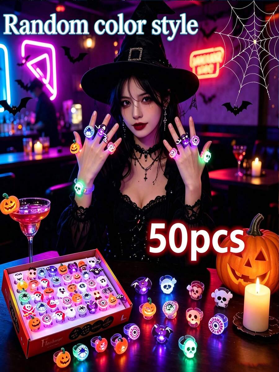 50 Buah Cincin LED Bercahaya Gaya Acak untuk Halloween, Cincin Jari Berkedip untuk Souvenir Pesta atau Hadiah Trick or Treat - Cincin Halloween - View 1
