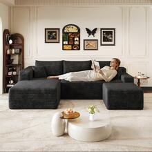 L Shape Sofa Black Fabric 241cm For Living Room - 黑色 4 座 - 查看 2