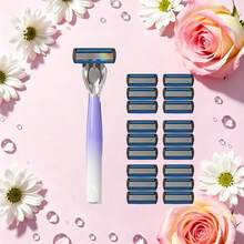 High-Quality Gradient Color Women's Manual Shaving Set With 6/12/18/24 Replacement 6-Layer Stainless Steel Razor Blades, Washable Razor For Intimate Areas, Underarm Hair, Leg Hair, Shaving Tool, Body Grooming Razor, Men's Shaving Razor, Beard Razor, Daily Hair Trimming, Premium Travel Choice - 1 Gradient Blue Handle + 6 Replacement Blades - View 3