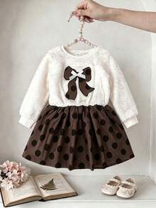 1pc Young Girls Casual Style Plush Bow Embroidery Polka Dot Soft Comfortable Knit Fabric Patchwork Dress Suitable For Outdoor Wear Autumn/Winter - Mocha Brown - View 3
