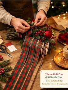 Red And Green Plaid Ribbon With Luxurious Gold Trim Pattern, Suitable For Gift Wrapping, Holiday Celebrations, Making Bows, Wreaths And Other DIY Crafts - Multicolor - View 9