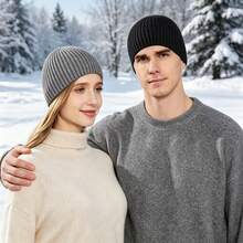 1pc Wide Ribbed Solid Color Plain Straight Edge Unisex Knit Beanie Hat, Breathable Comfortable Skull Cap, Suitable For All Seasons - Multicolor - View 2